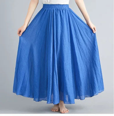 Boho Cotton Linen Beach Long Skirt Women Vintage Casual Solid A-line High Waist Dance Floor-Length Maxi Skirt Spring Summer New
