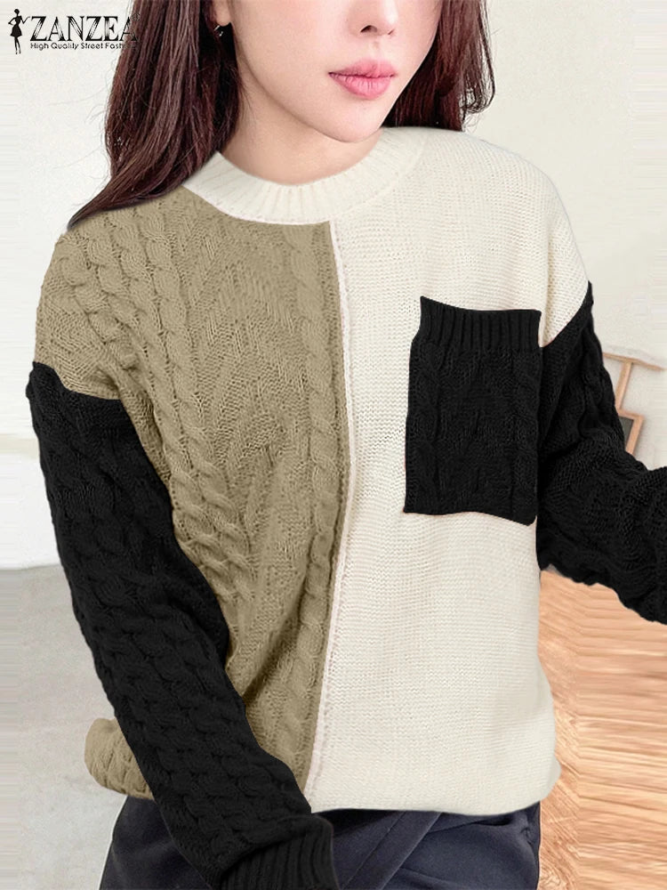 ZANZEA 2025 Autumn Patchwork Sweaters Women Pullovers Kintted Jumper Stylish Long Sleeve Winter Sweater O Neck Jumper Streetwear.