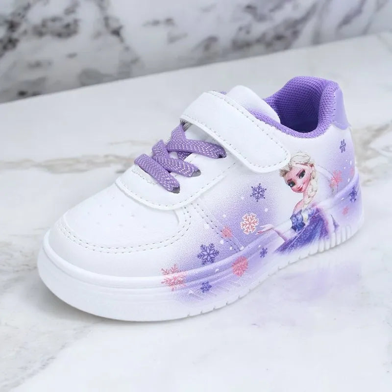 Disney Girl's Fashion Thick Sole Sports Shoes Spring Children's Frozen Princess Elsa PU Leather Running Sneakers Size 18-29.