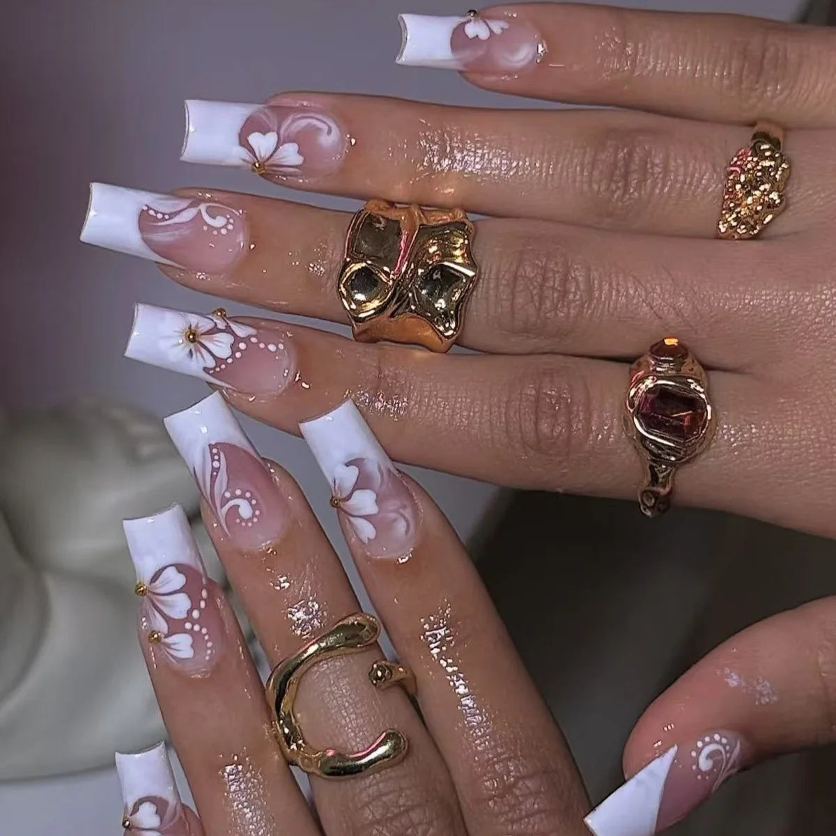 Mid-length Coffin Fake Nails 24Pcs White French Tip Ballerina Press On Nail Pink/White Flower Printed Spring/Summer DIY Manicure