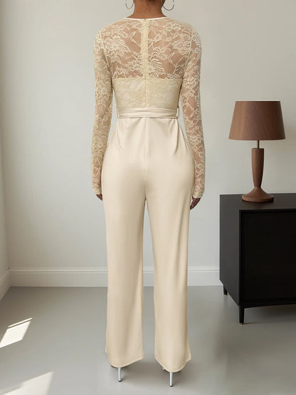 Woman Black Lace Sleeve Jumpsuit Round Neck Belted Waist Ideal for Evening Parties and Cocktail Events