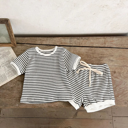 Korean Version Summer Kids Baby Girls Boys Short Sleeve Striped Top Tees +shorts Pants Infant Cute Pure Cotton Clothing Set