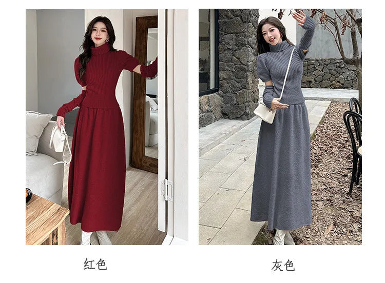 VigoAnne Spring Autumn 2025 Turtleneck Knit Woman 2 Piece Set Casual Solid High Waist Skirts Suits Korean Lady Long Dress Suit.