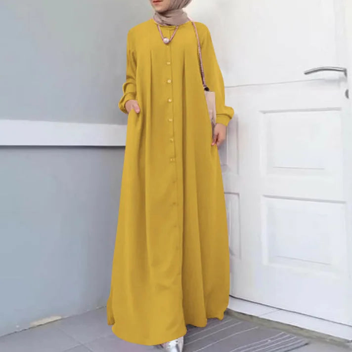 2025Spring Autumn Maxi Long Dress Women Muslim Long Sleeve Dress Loose Casual Dresses Vintage Hijab Islamic Clothing Caftan Robe.
