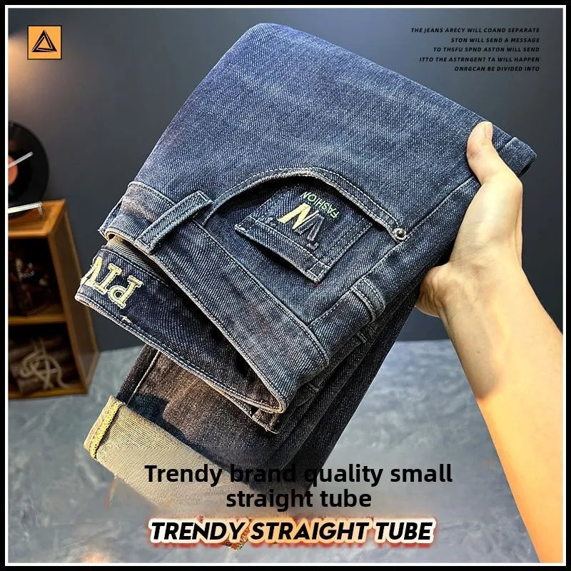 Men's Slim Straight Jeans Fashion Korean Autumn Trousers Comfortable Elastic Black Blue Fitted Business Casual Denim Pants.