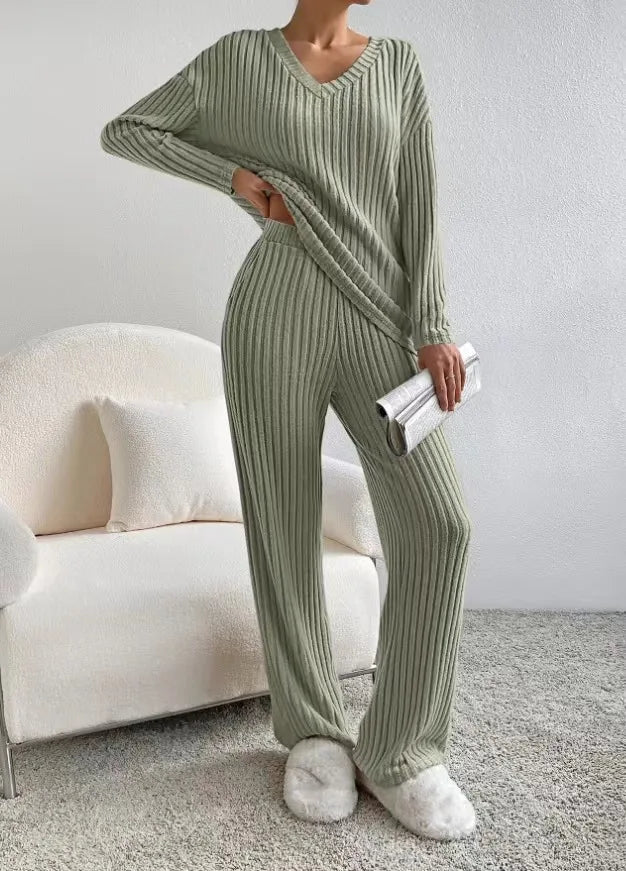 Autumn Winter Ribbed Knit Two Piece Set Womens V Neck Long Sleeve Top Wide Leg Pants Loungewear Casual Solid Color Outfit
