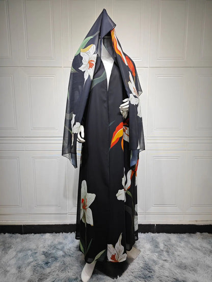 Uni Dubai Fashion Floral Print Open Abaya Muslim Elegant Cardigan With Hijab Scarf 2025 Feminine Clothes