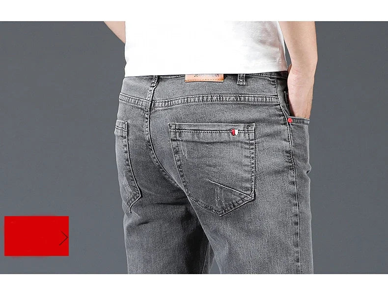 2024 New Men's Cotton Business Casual Skinny Jeans Trendy Fashionable Stretch Straight Slim Denim Trousers Male Blue Grey.