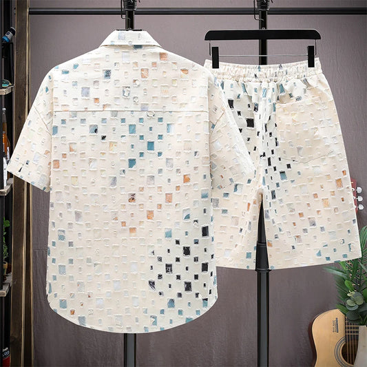 Men Summer 2 Pieces Set Tracksuit Men's Shirt Shorts Harajuku Streetwear Oversized Men Sets Short Outfits Suits.