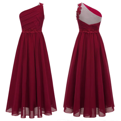 Mädchen Hochzeit Brautjungfer Kleid One Shoulder Elegante Guipure-Spitze Geraffte Chiffon Maxi Party Kleider Geburtstag Abend Abendkleid