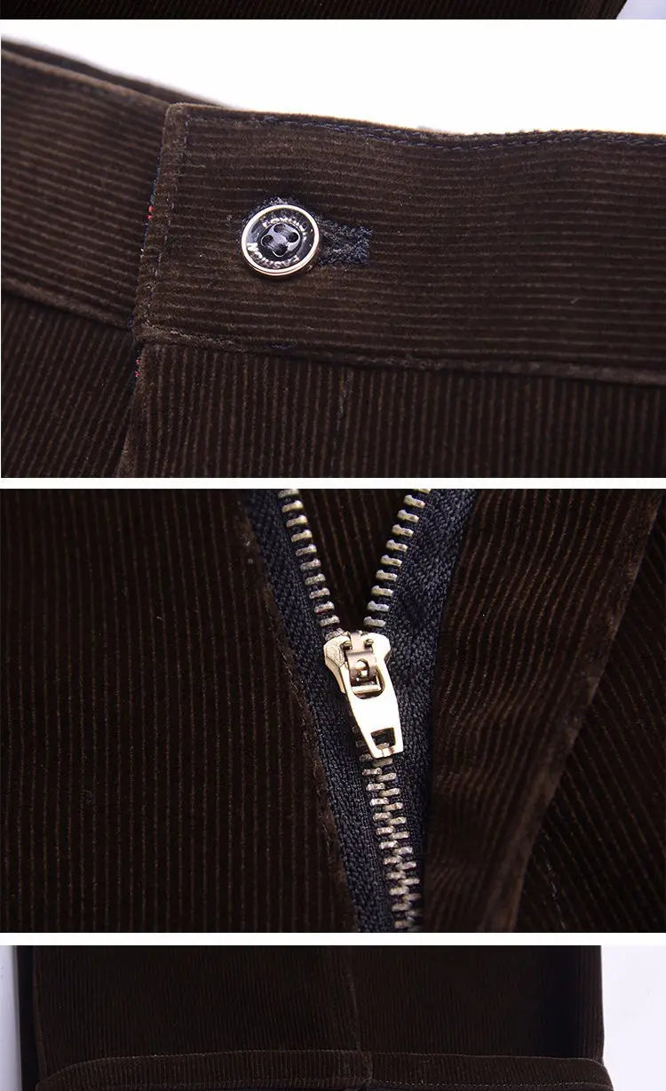 Business Casual Men Corduroy Pants Autumn Winter New Solid Zipper Pockets Simplicity Fashion Loose Thicken Straight Trousers.