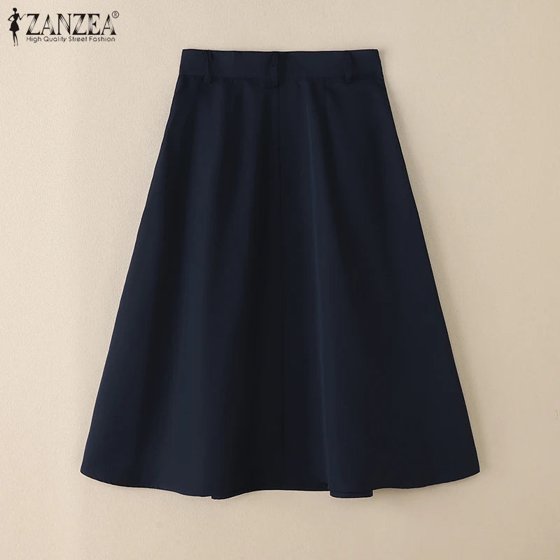 ZANZEA Summer Solid Midi Skirt Elegant Women High Waist Work OL Skirts Fashion A-line Jupes Stylish Party Faldas Saia  Plus Size.