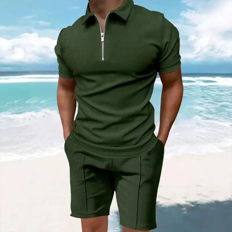 Men's Comfortable Short-Sleeved Waffle Polo Shirt And Shorts Set - Breathable Lightweight Spring/Summer Clothing.