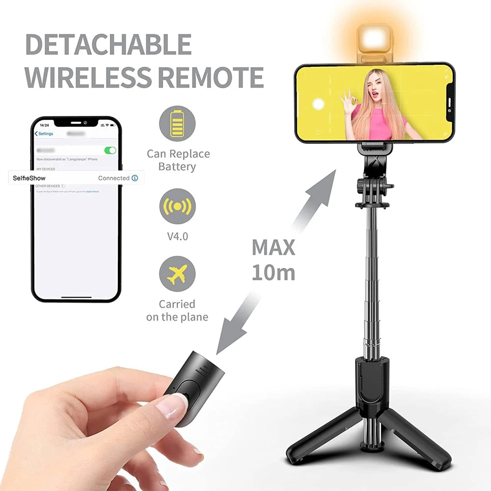 Wireless Bluetooth Selfie Stick Foldable Portable Tripod with Fill Light Shutter Remote Control for Android iPhone Smartphone.
