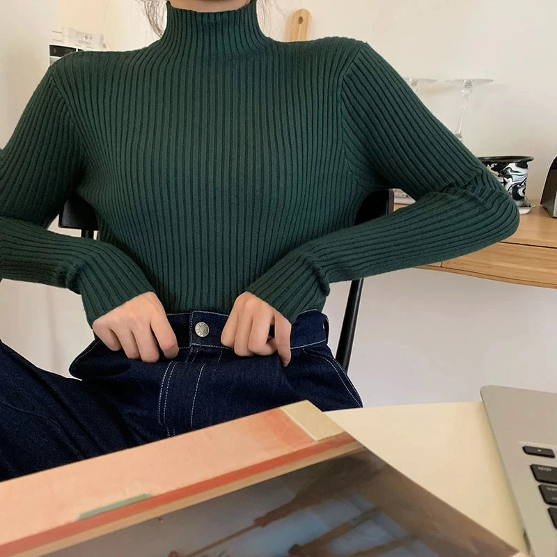 2025 Knit Jumpers Top Chic Autumn Winter Sweater Pullovers Women Long Sleeve Casual Turtleneck Warm Basic Sweater.