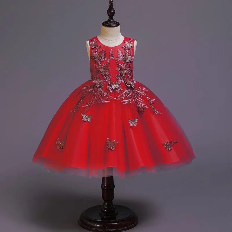 Elegantes Kleid für Mädchen, Abend, Hochzeit, Schmetterlingsapplikationen, Netzstoff, Prinzessinnenkleid für Kinder, Geburtstagsfeier, Abschlussball, Performance-Kleid.