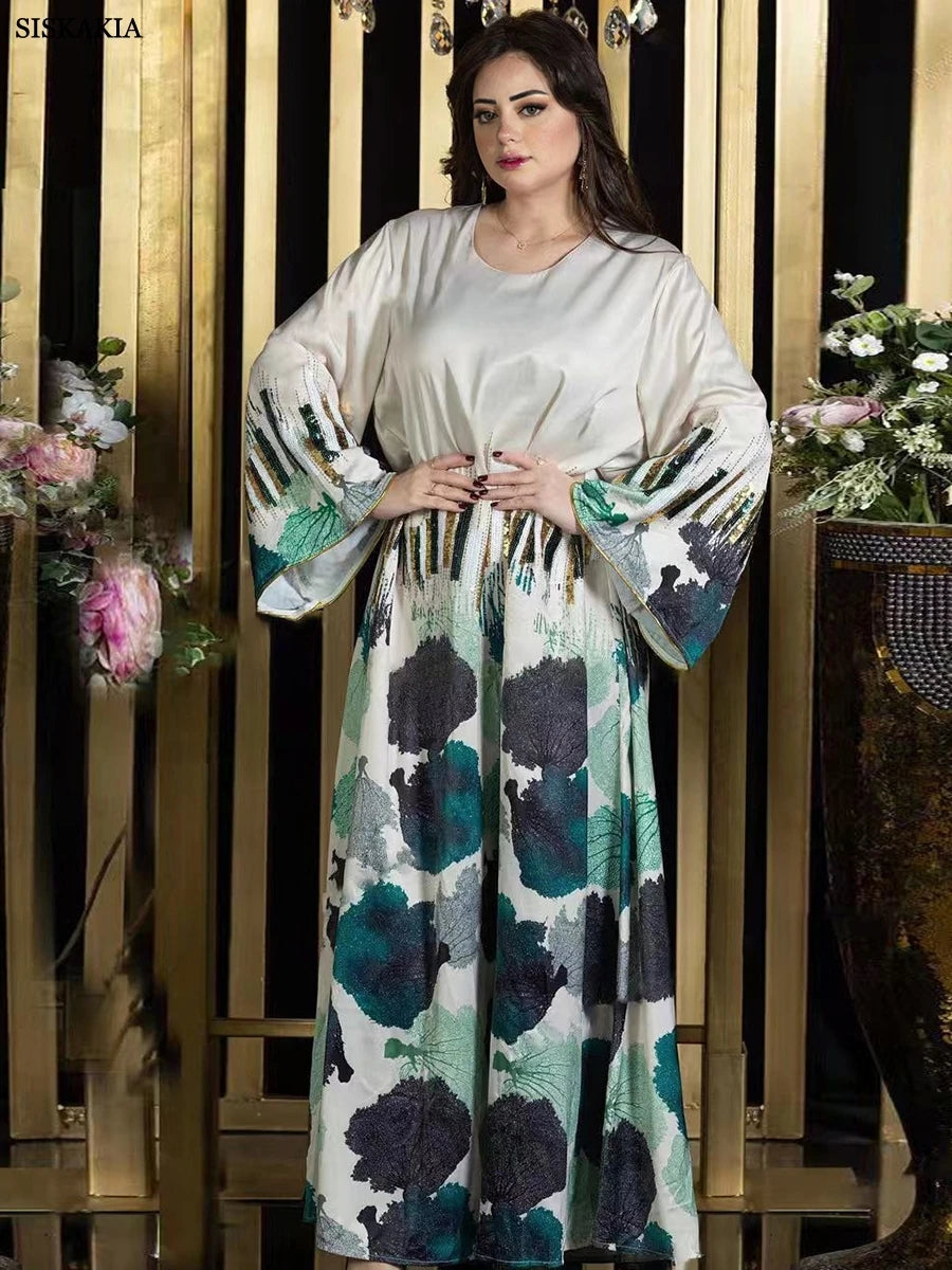 Siskakia Arab Saudi Printing Sequins Long Dresses Galabia Muslim Eid Women Abayas Islam Clothing Turkish African Kebaya 2024 New.