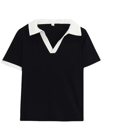 American Style Sweet And Spicy Girl Polo Shirt Women's Summer New Student Design Slimming Short Sleeve T-shirt Color Block.