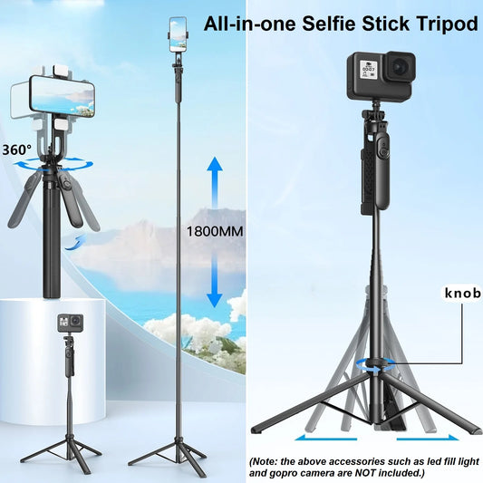 Wireless Selfie Stick Tripod Stand with Remote 1.8m Extendable Tripod Selfie Stick for iPhone Phone Camera Tiktok Video Vlogs.