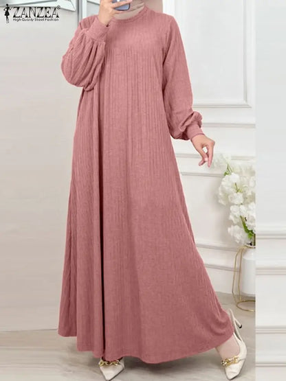 ZANZEA Fashion Muslim Abaya Women Autumn Maxi Sundress Casual Long Sleeve Kaftan Hijab Vestido Solid Loose Islamic Clothing 2024.