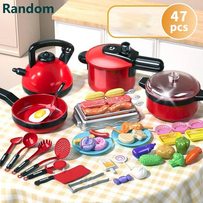 Children's simulation high-detail red cooking kitchen utensils, home school use chef pretend play set suitable for 3 4 5 6 years.