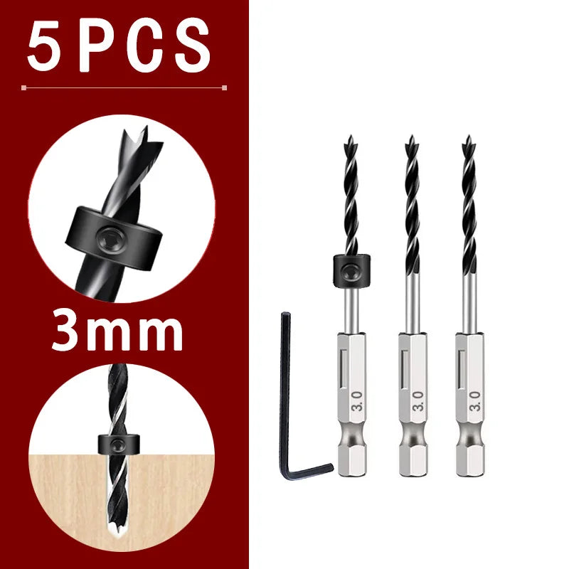 1/4 Sechskantgriff Dreizackiger Holzbearbeitungsbohrer und Tiefenanschlag-Positionierer Ring-Set Holzbearbeitungsloch Reiben Elektrowerkzeug