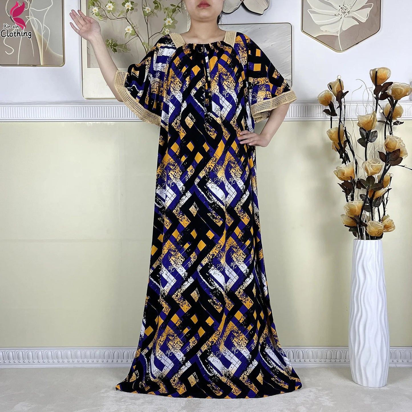 New Muslim Dubai Elegant Dress Summer Short Sleeve African Abaya Printing Cotton Loose Femme Robe Islamic Dresses With Scarf.