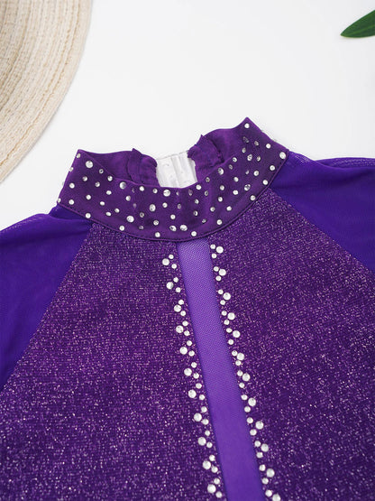 Kinder Mädchen Eiskunstlauf Kostüm Ballett lyrische Tanz gymnastik Trikot Kleid Langarm glänzend Mesh Performance Dance wear