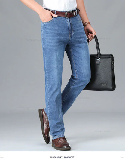 Brand Men's Fashion Summer Thin Jeans Comfortable Stretch Cotton Business Straight Casual Denim Pants Light Gray Blue Pants