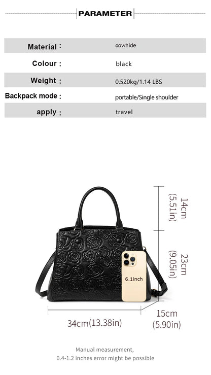 Leather handbag high sense handbag top layer leather rose pattern slung shoulder bag.