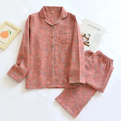 100% Cotton Crepe Homeclothes 2023 Autumn/Winter Women's Pajamas Suit Long-Sleeved Trousers 2-piece Yarn-Dyed Jacquard Pajamas