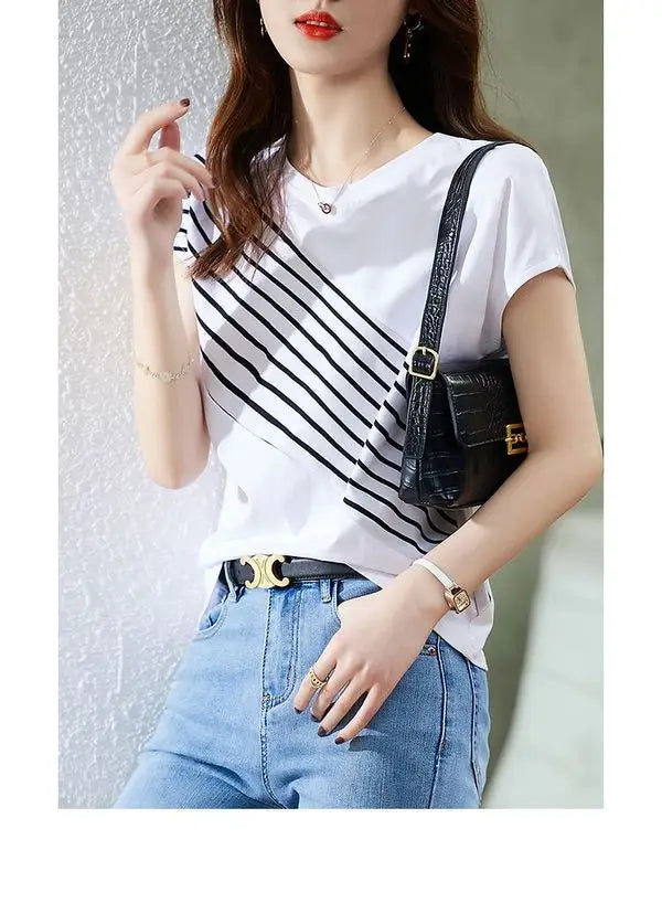 Color Block Striped Slimming T Shirt Women Casual Short Sleeve Top.