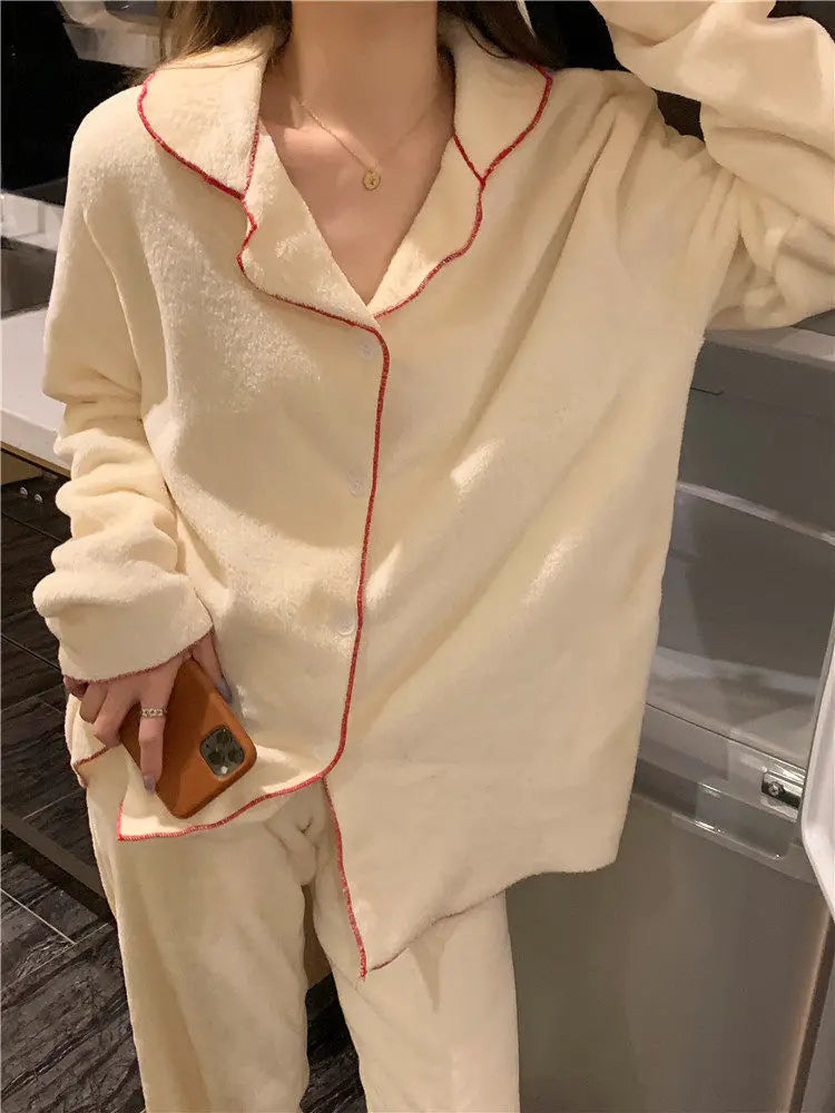 Flannel Women's Pajamas Sets Casual Autumn Winter Sleepwear Velvet Pyjama Ladies Cardigan Simple Bedroom Soft Warm Home Clothes