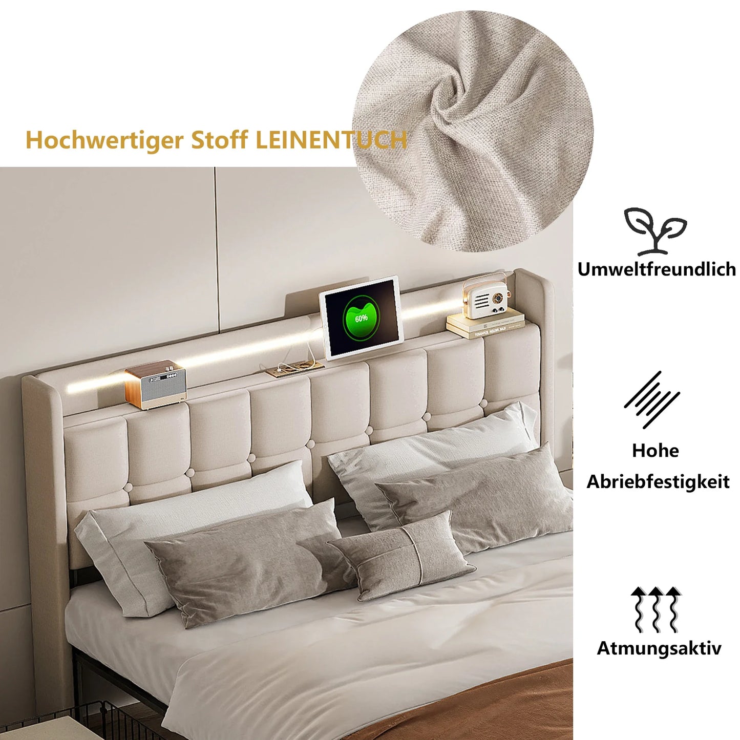 Creahappy Polsterbett – Doppelbettgestell mit wiederaufladbarem USB-Kopfteil, LED-Beleuchtung und 4 Schubladen – Beige