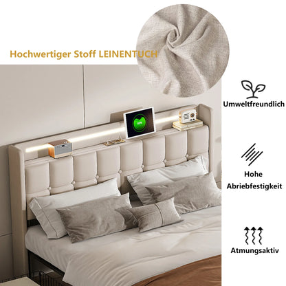 Creahappy Polsterbett – Doppelbettgestell mit wiederaufladbarem USB-Kopfteil, LED-Beleuchtung und 4 Schubladen – Beige