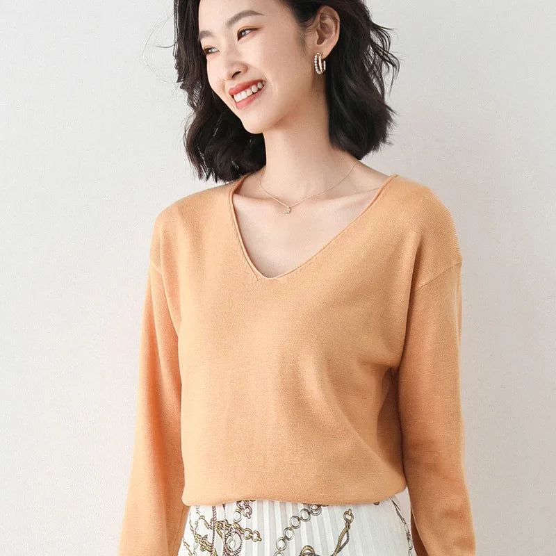 2025, frühling Herbst Frauen Pullover Solide Strickwaren Koreanische Lose Weibliche Grundlegende Casual Jumper Stretch Pullover Himmel Blau Rosa Pullover