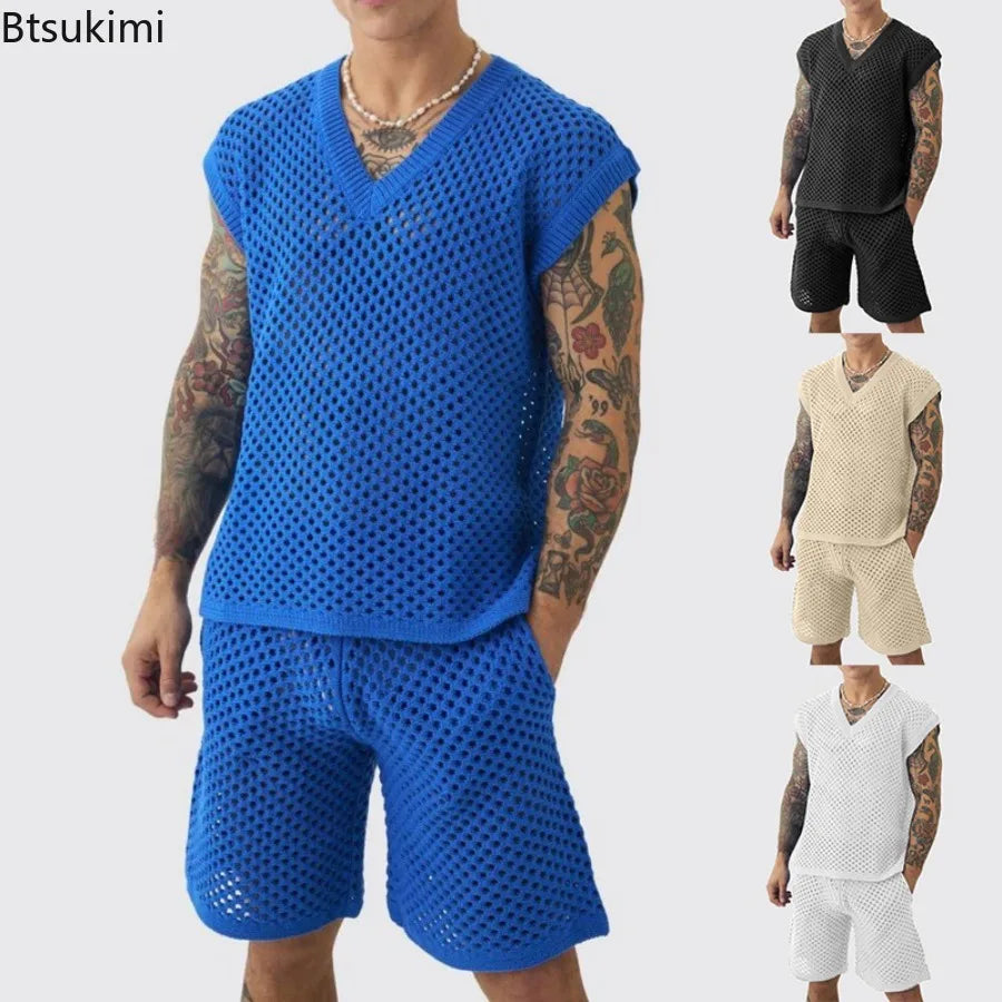 New Men's Summer Casual Knit V Neck Two-piece Sets Fashion Solid Loose Tank Tops and Shorts Sport Suit Men Hollow Out Streetwear.