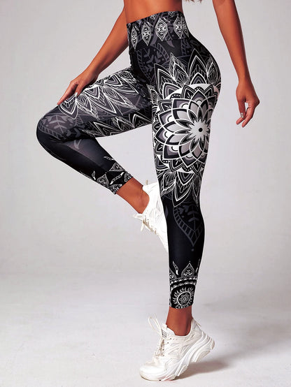 Lotus patterned high waisted leggings, suitable for yoga, running, and dancing as hip lifting sportswear - sporty and fashionabl.