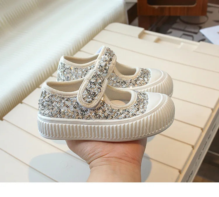 New Girl Princess Canvas Shoes Fashion Luxury Sequins Children Causal Shoes Breathable Kids Glitter Mary Jane Shoes Thick Bottom.