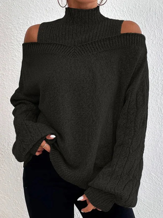 2025 Autumn Winter New Solid Knitting Off Shoulder Sweaters Elegant Office Lady Half High Collar Splice Loose Pullovers Sweater.