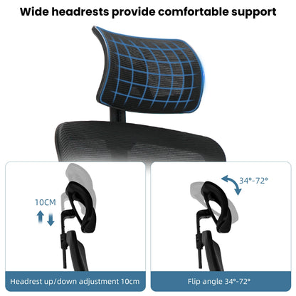 Durrafy Ergonomischer Bürostuhl, Bürostühle, Schreibtischstuhl mit verstellbarer Kopfstütze, Armlehnen, 150 kg Tragfähigkeit, Schwarz