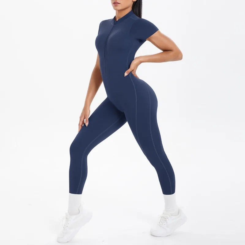 New Women's Yoga Jumpsuit Front Zipper Tight Back Hollow Out Short Sleeve-pants Activewear for Fitness Running Gym Workout.