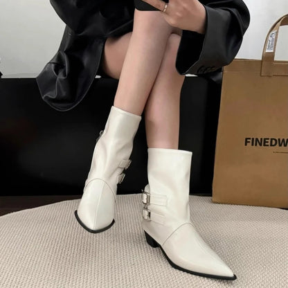 Winter Pointed Toe Thick Heel Women Ankle Boots Elegant Back Belt Buckle Slip On Shoes Street Style Party Short Botas Mujer.