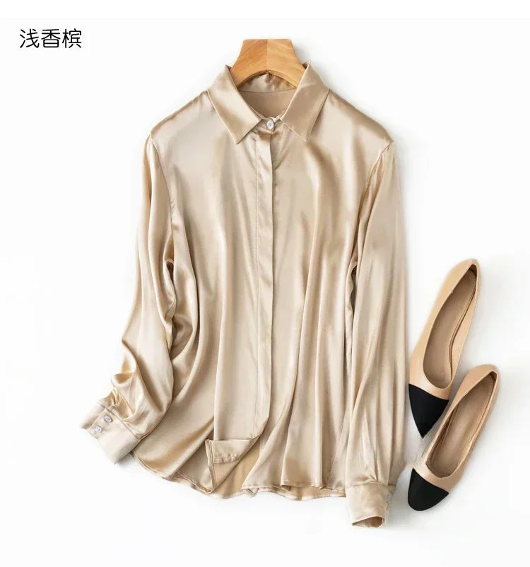 Tajiyane Damen-Langarmshirt aus 93 % Maulbeerseide, 7 % Elasthan, 19 Momme, Satin-Seidenknöpfe, Oberteil, Bluse, Büroarbeit, Chemise Femme