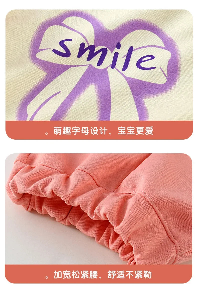 New 2025 Girls Fashion Cartoon Bowknot Letter Long Sleeve Pullover Sweatshirt + Pants Kids Spring Casual Sports Clothing Sets.