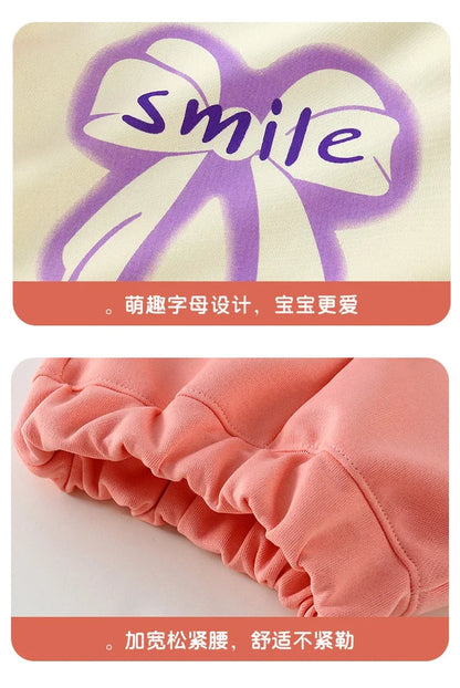 New 2025 Girls Fashion Cartoon Bowknot Letter Long Sleeve Pullover Sweatshirt + Pants Kids Spring Casual Sports Clothing Sets.