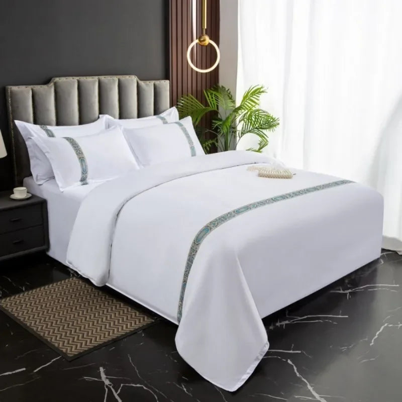 New 140g twill thickened hotel four-piece hotel linen pure white single quilt set webbing hotel bed and breakfast.