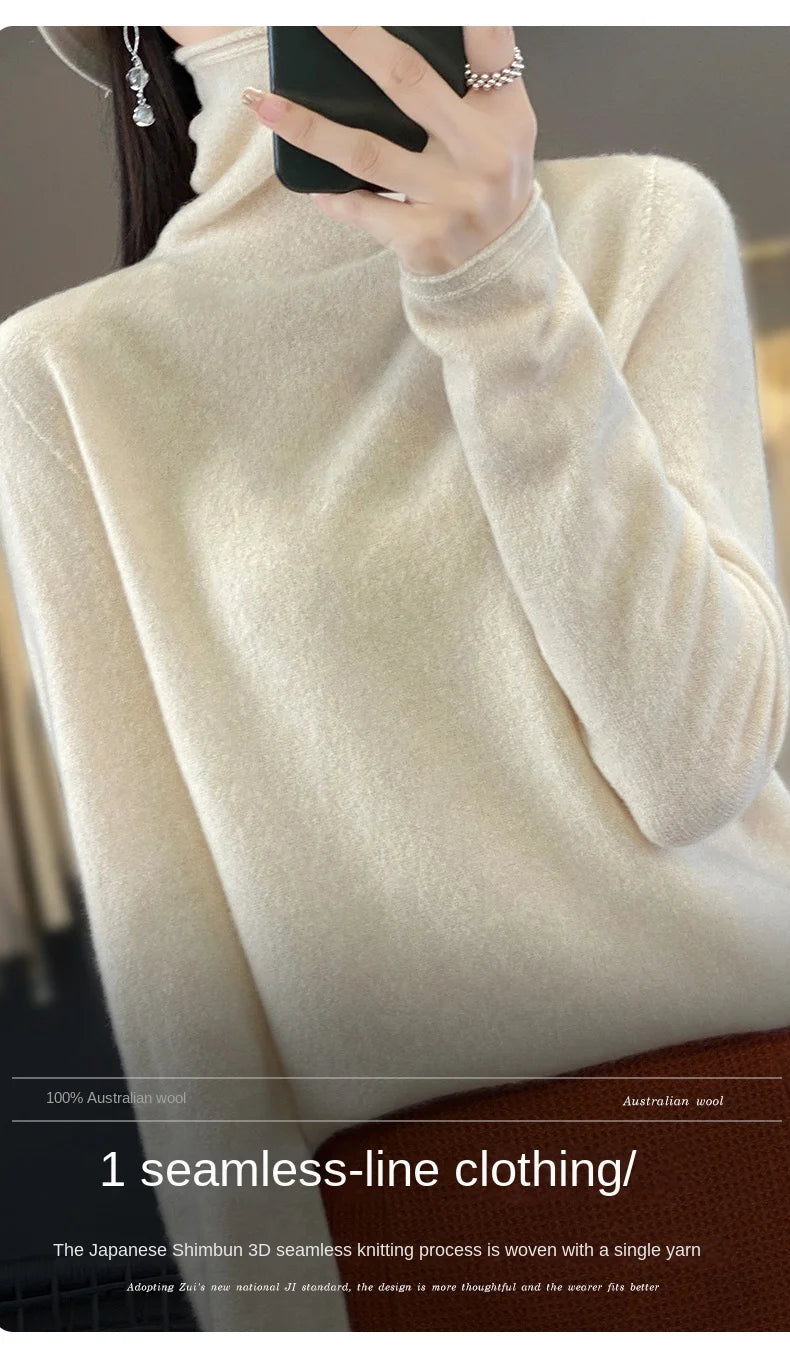 2025 100% Merino Wool Sweater Elegant Cashmere Pullover Women Pile Collar Long Sleeve Knitwear Basic Clothing  Jumper Tops.