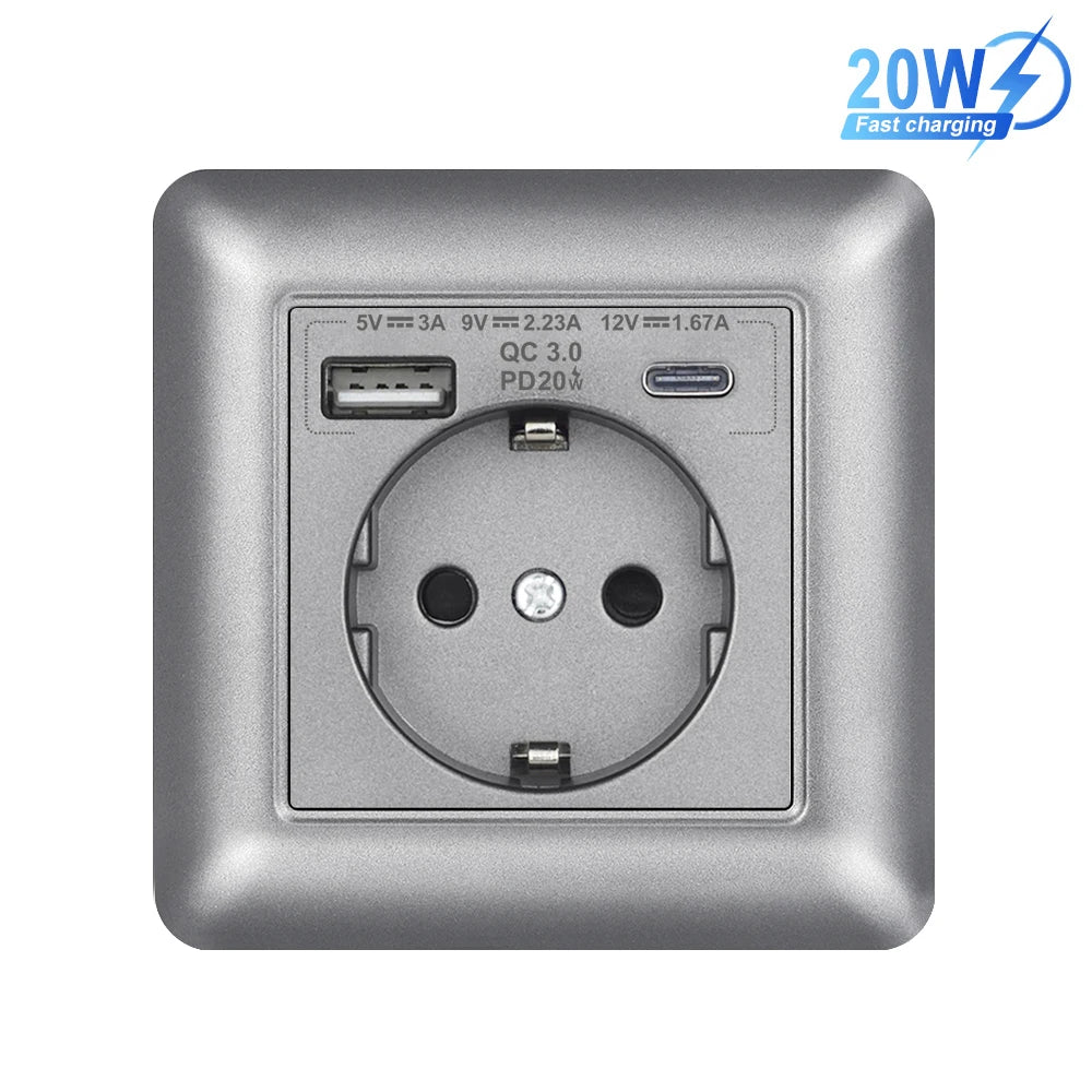 SRAN USB-Wandsteckdose, 20 W, schnelles Laden und 5 V, 2 A, EU-Standard, 82 x 82 mm, flammhemmendes PC-Panel, USB-Typ-C-Kombination.