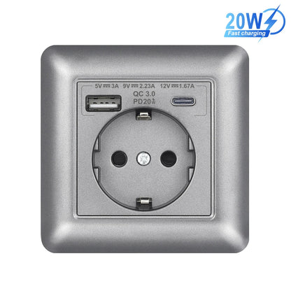 SRAN USB-Wandsteckdose, 20 W, schnelles Laden und 5 V, 2 A, EU-Standard, 82 x 82 mm, flammhemmendes PC-Panel, USB-Typ-C-Kombination.